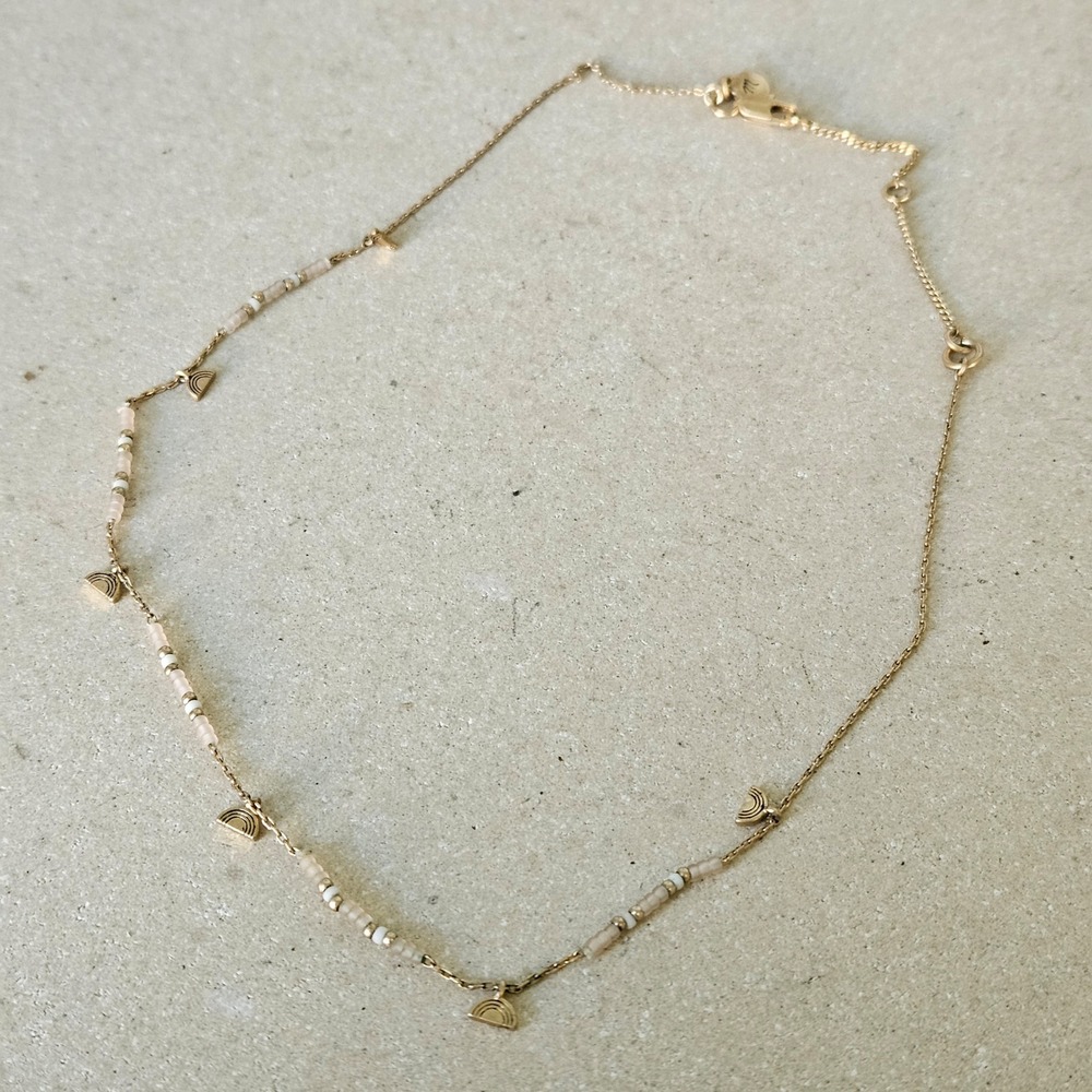 Madewell Beaded Rainbow Charm Necklace Gold Tone Neutral Seed Bead Dainty Boho